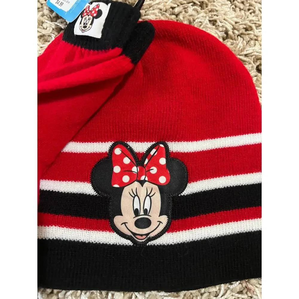 NWT❤️Disney Minnie Mouse Girls 2 Piece Beanie Hat and Glove Set Red White Black